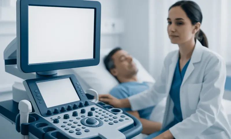 Medical professional performing ultrasound examination on patient in hospital.