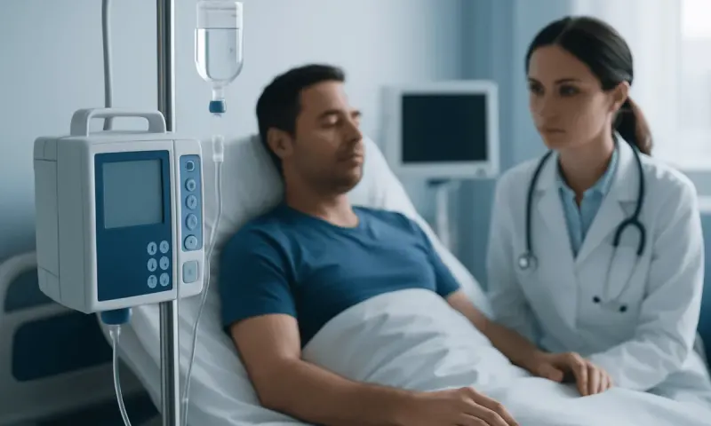 Hospital patient receiving IV treatment in a medical facility.