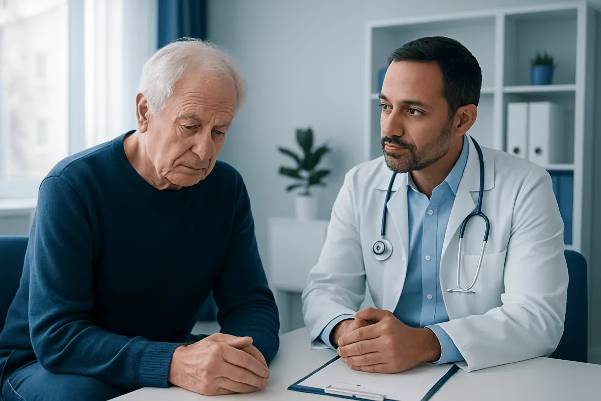Doctor consulting with elderly patient about memory issues in a clinical setting.