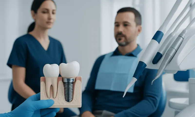 Dental implant model held by a dentist in a clinical setting.