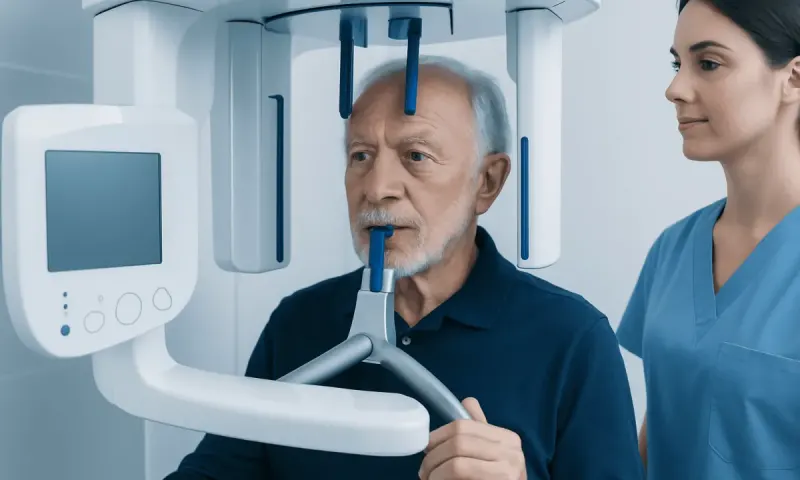 Senior man undergoing dental X-ray at Acibadem Hospital.
