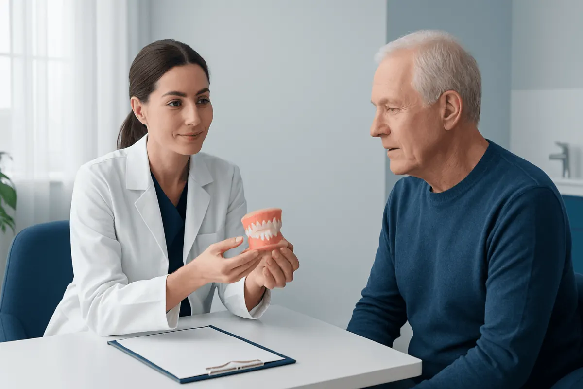 Dentist explaining denture options to an elderly patient in a clinic.