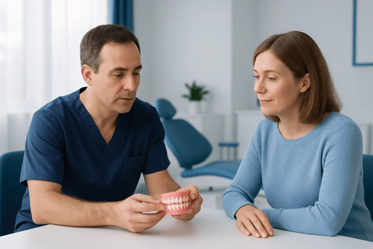 Dentist explaining denture options to a female patient in a clinic setting.