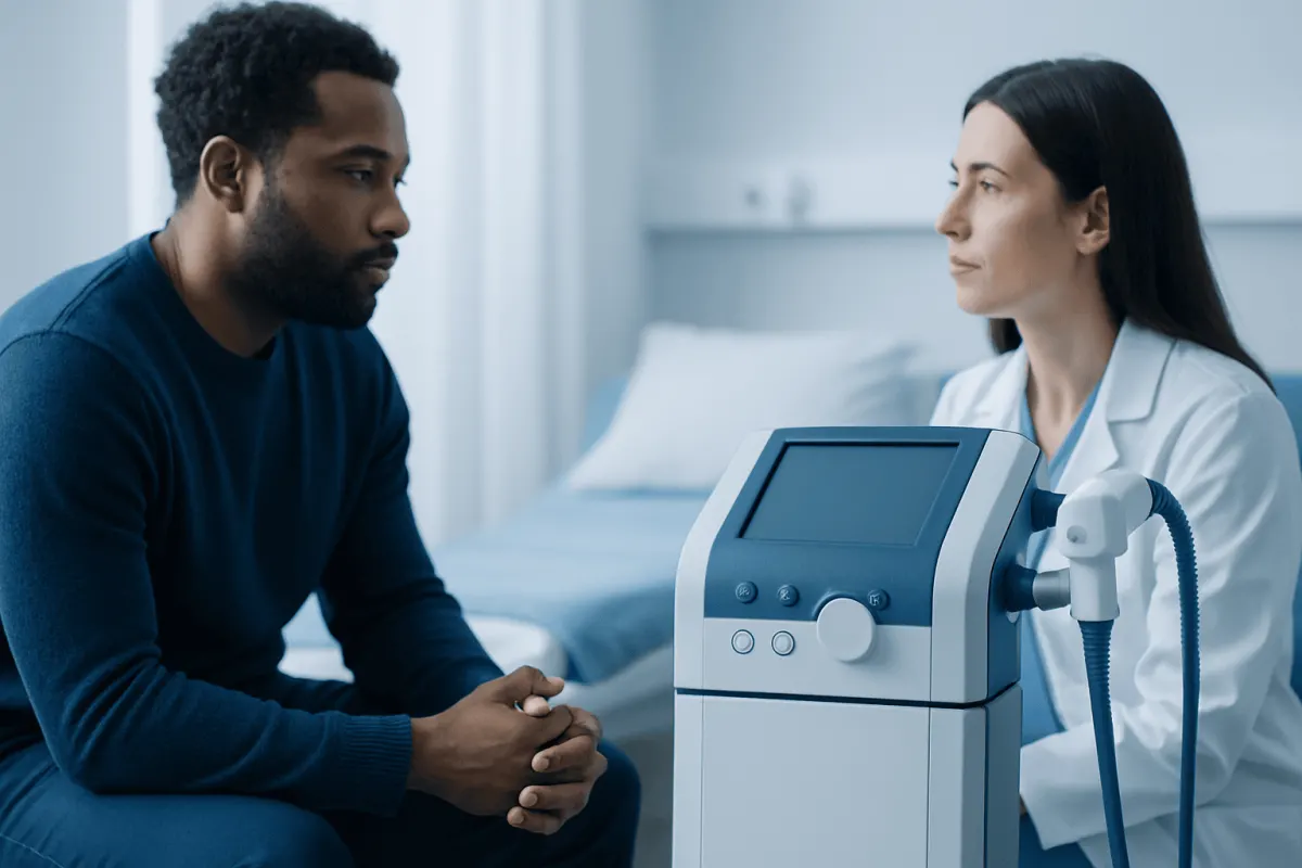 Doctor explaining treatment options to a patient in a clinical setting.