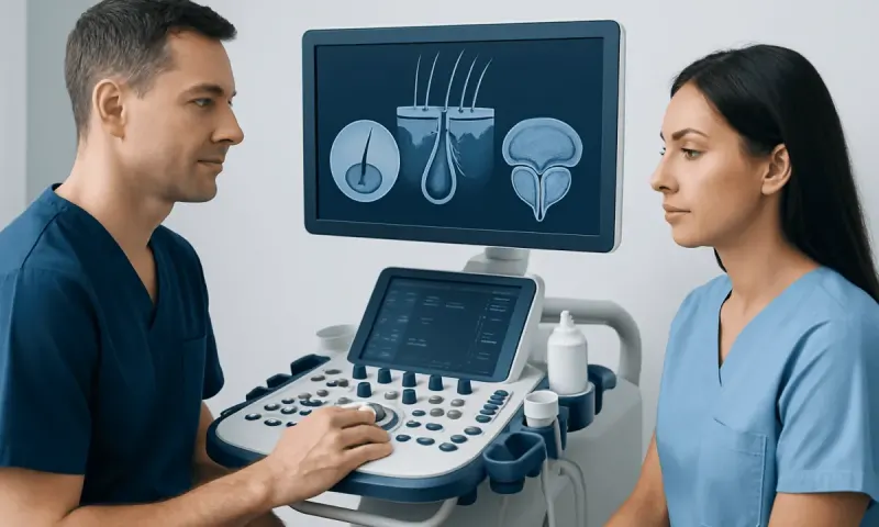 Medical professionals discussing ultrasound images in a clinical setting.