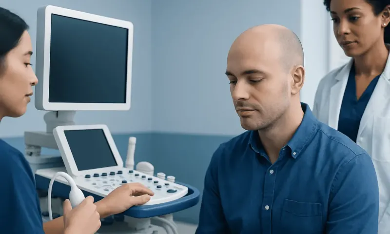Medical consultation with ultrasound examination at a hospital.