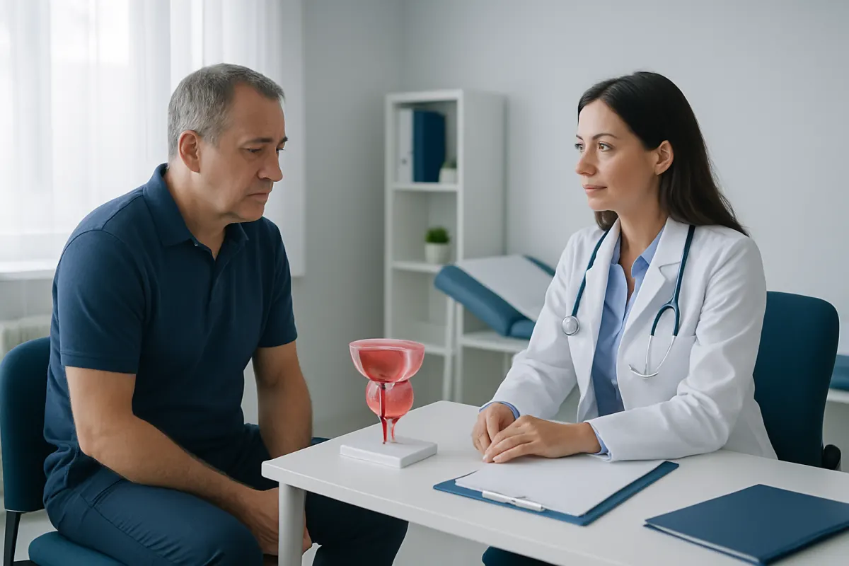 Urologist explaining prostate health to a patient in a clinic.