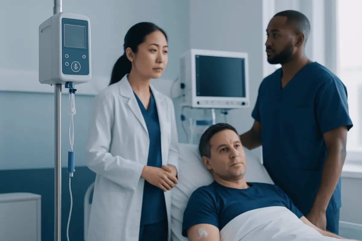 Medical team consulting a patient in hospital room with monitoring equipment.