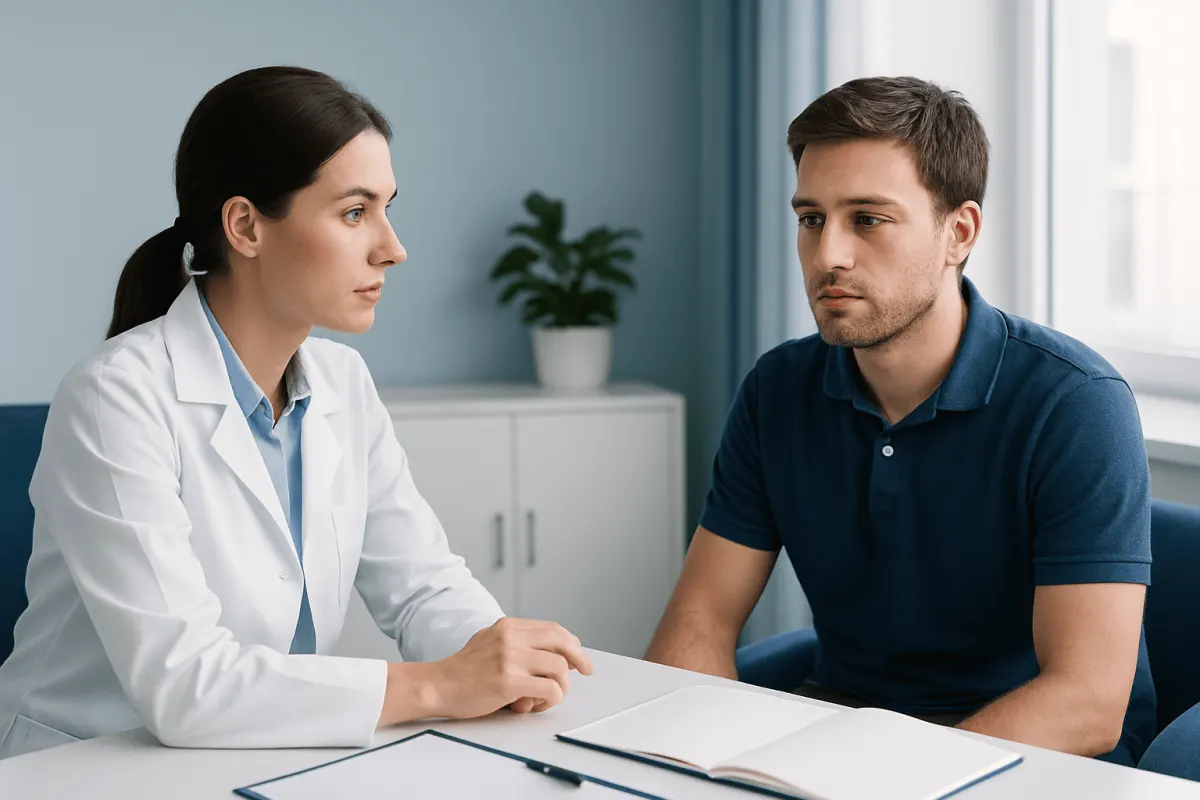 Doctor consulting with a male patient in a medical office.