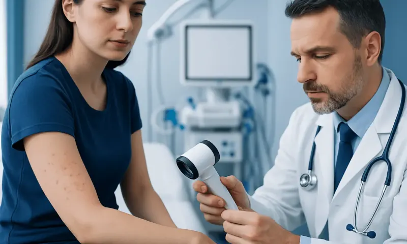 Doctor examining patient's skin with a dermatoscope in a clinical setting.
