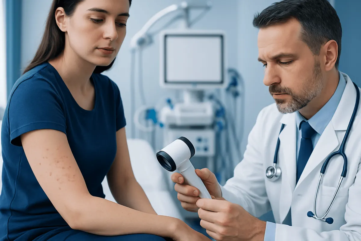 Doctor examining patient's skin with a dermatoscope in a clinical setting.