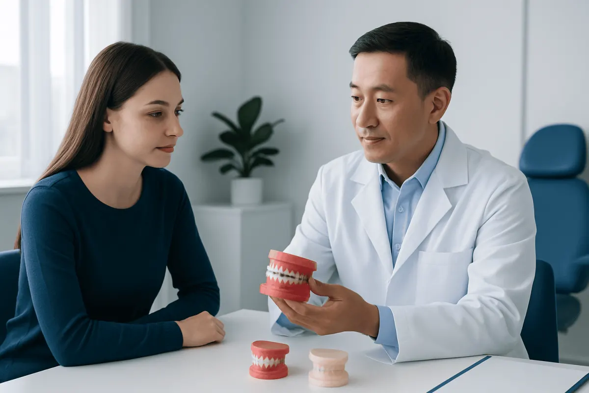 Dentist explaining dental braces to a patient in a clinic setting.