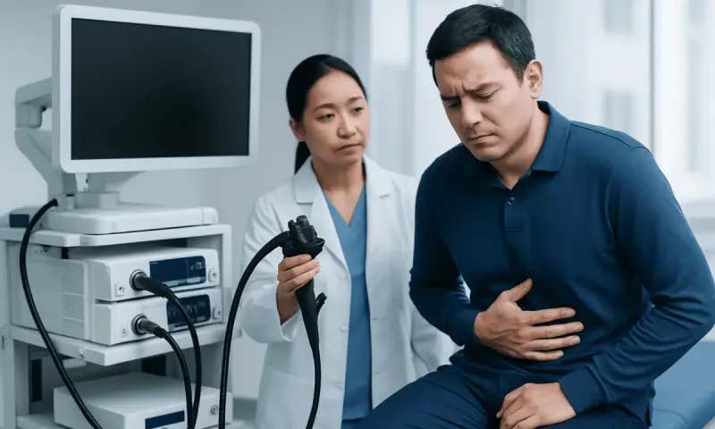 Patient experiencing stomach pain during medical examination at Acibadem Hospital.