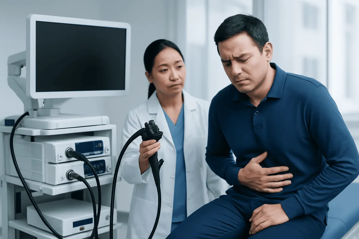 Patient experiencing stomach pain during medical examination at Acibadem Hospital.