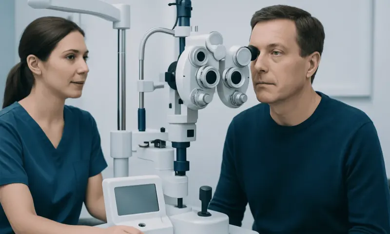 Optometrist performing eye examination with slit lamp at Acibadem Hospital.