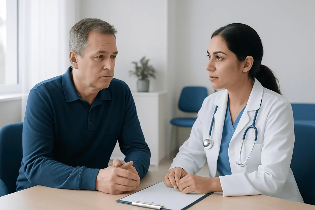 Doctor consulting with a male patient in a medical office setting.