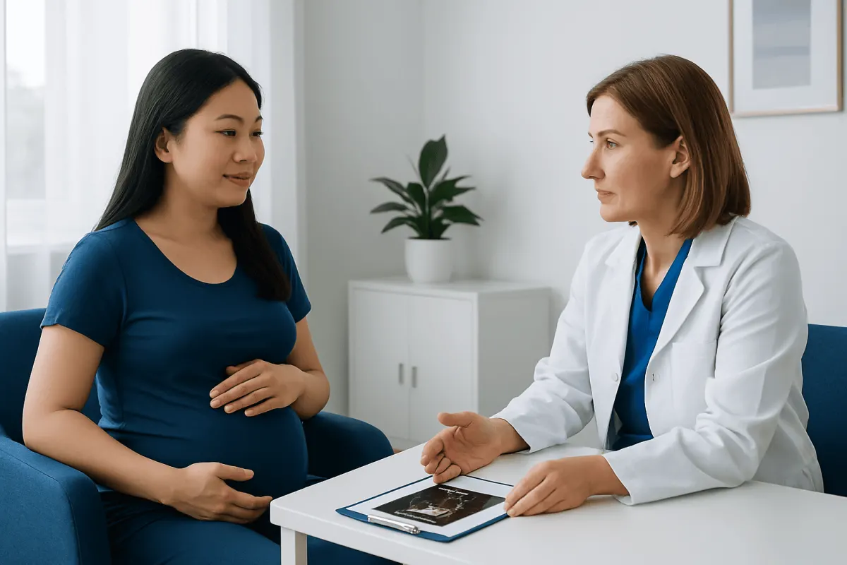 Pregnant woman consulting with a doctor in a medical office.