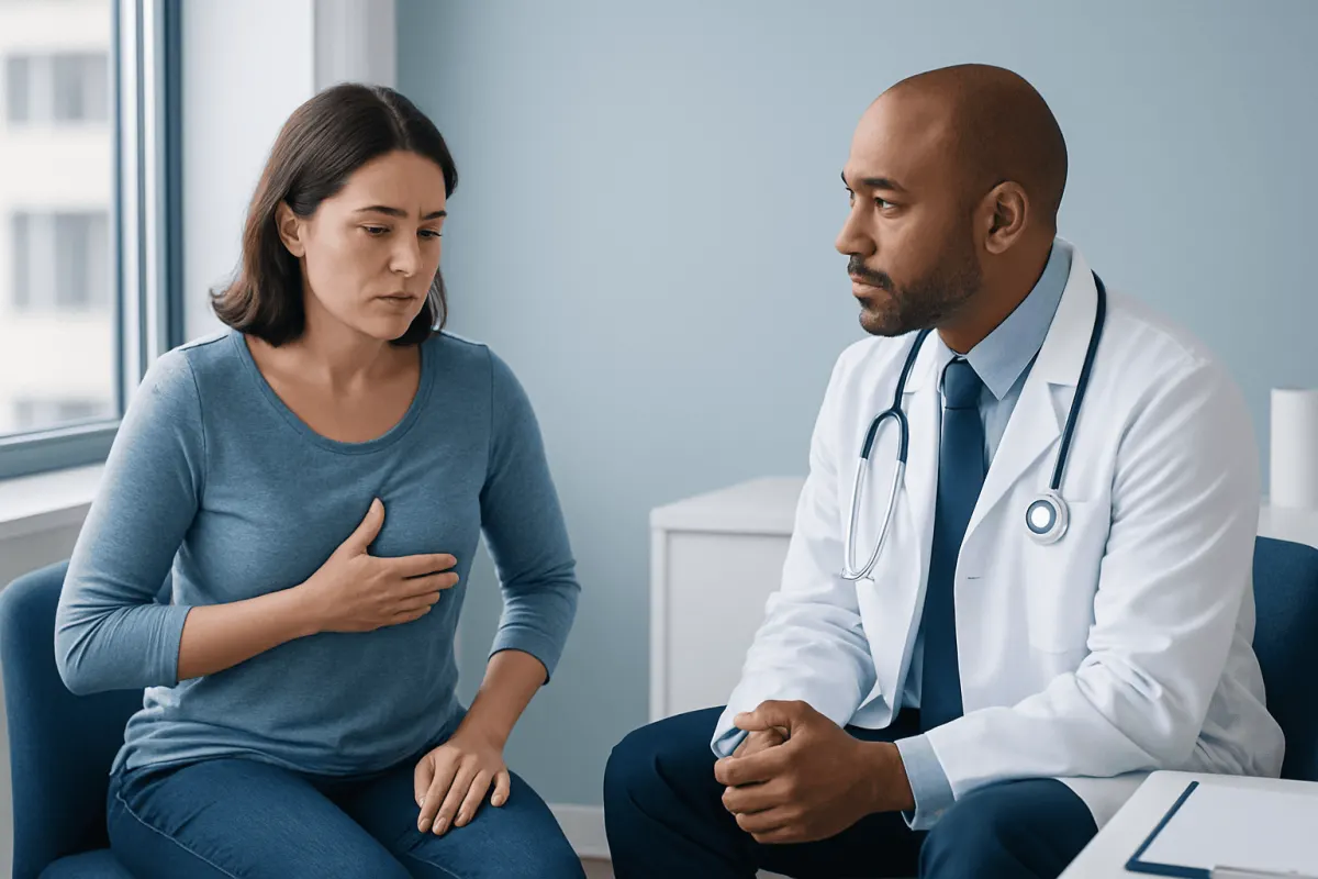 Doctor consulting with a woman about breast health concerns in a medical office.