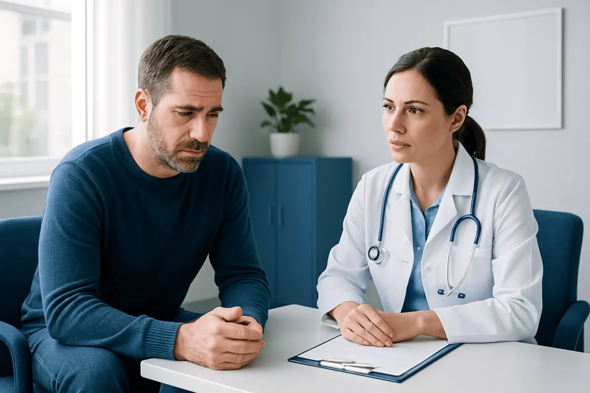 Doctor consulting with male patient about health concerns in a medical office.