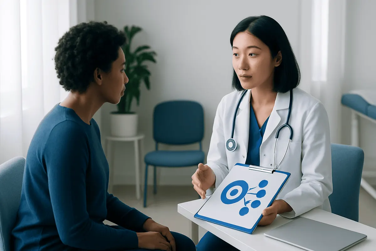 Doctor explaining treatment options to a patient in a consultation room.