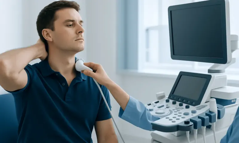 Doctor performing neck ultrasound examination on a patient in a clinical setting.