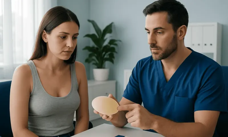 Doctor explaining breast implant options to a patient in consultation room.