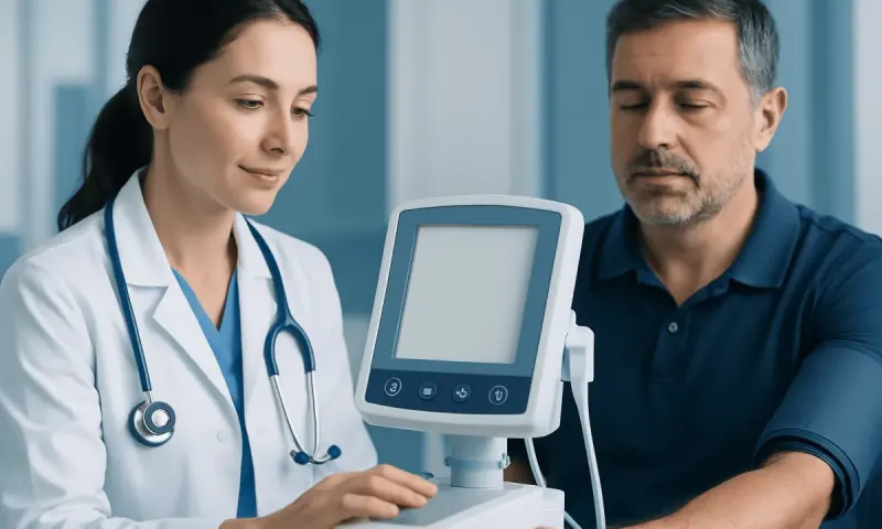 Doctor and patient monitoring blood pressure with medical device.