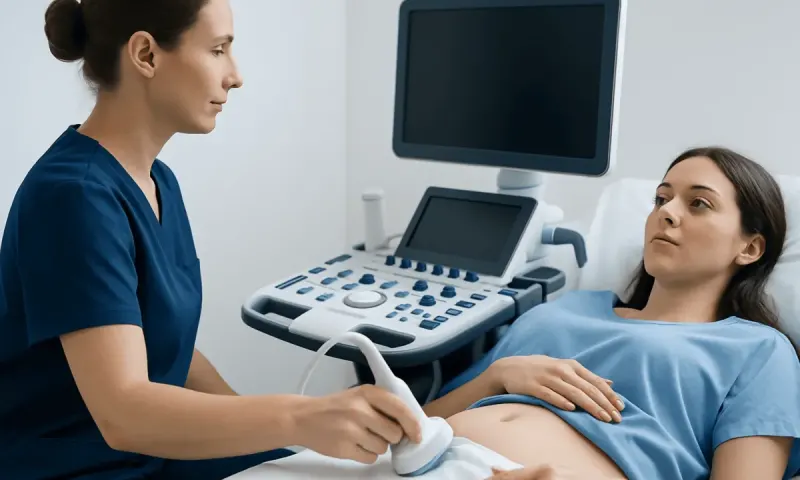 Doctor performing ultrasound exam on patient in hospital room.