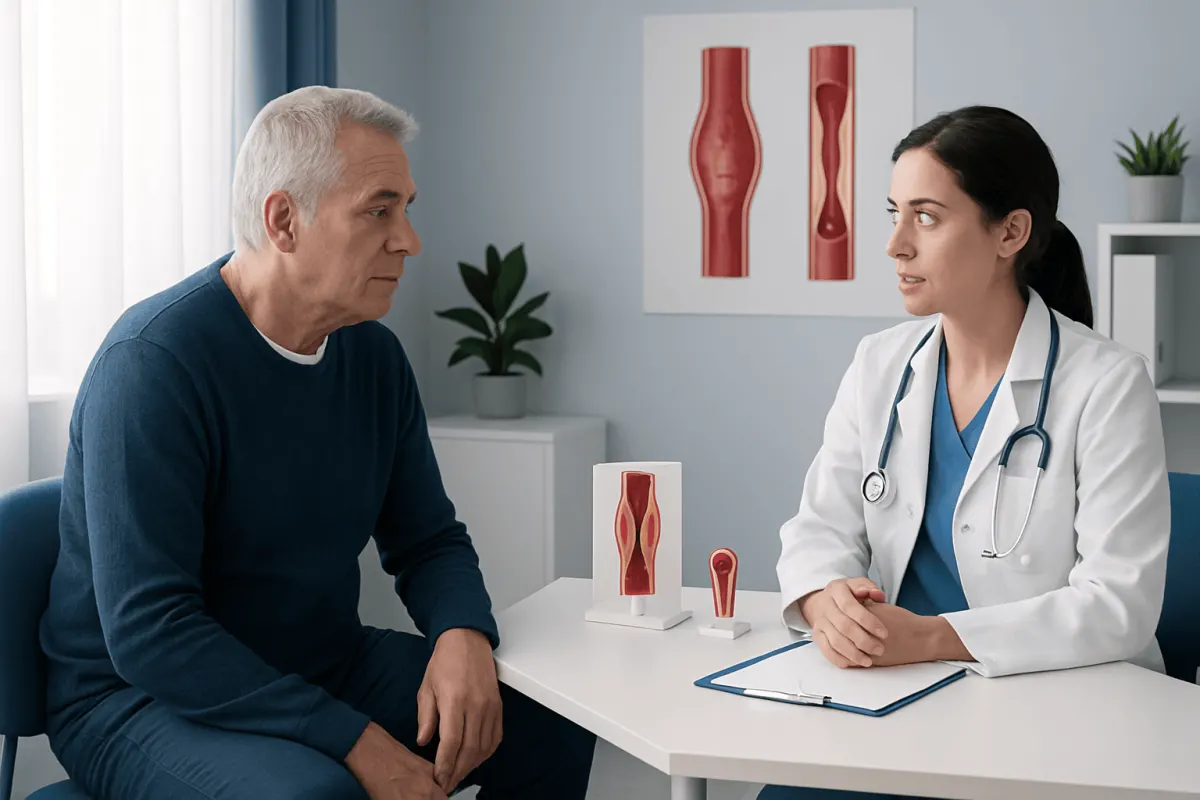 Doctor explaining vascular conditions to an elderly patient in a medical office.