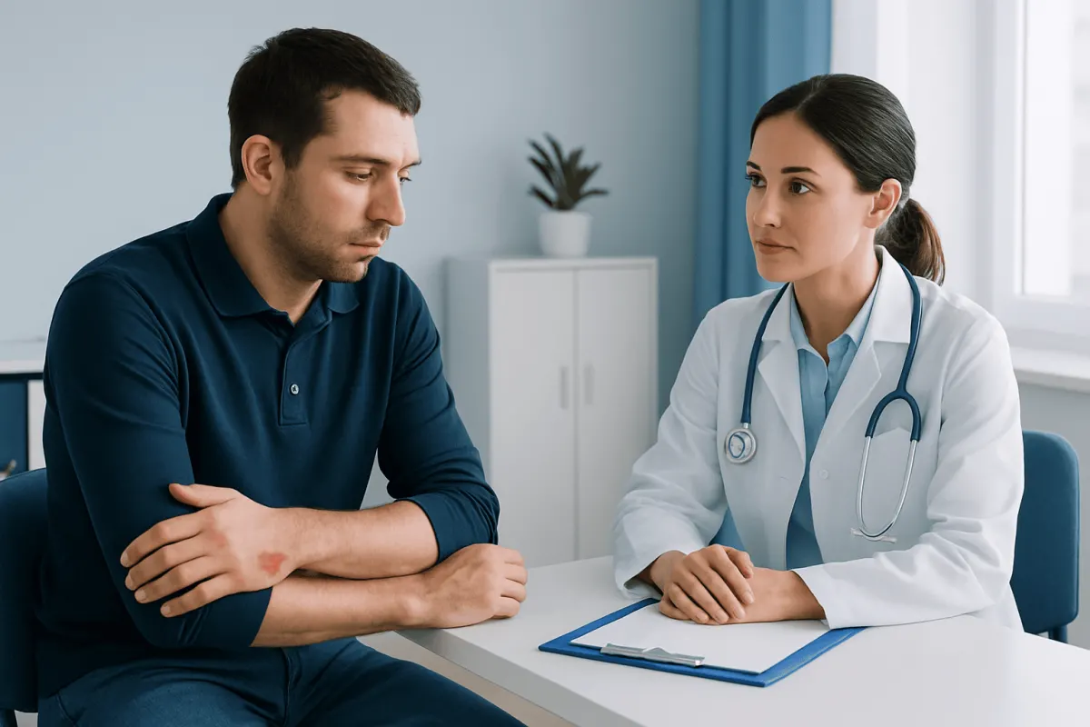Doctor examines man's arm with a bite wound in a clinical setting.