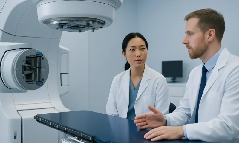 Medical professionals discussing radiation therapy in a hospital setting.