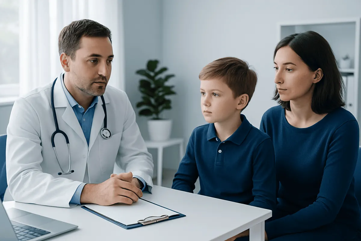 Doctor consulting with a young boy and his mother in a medical office.