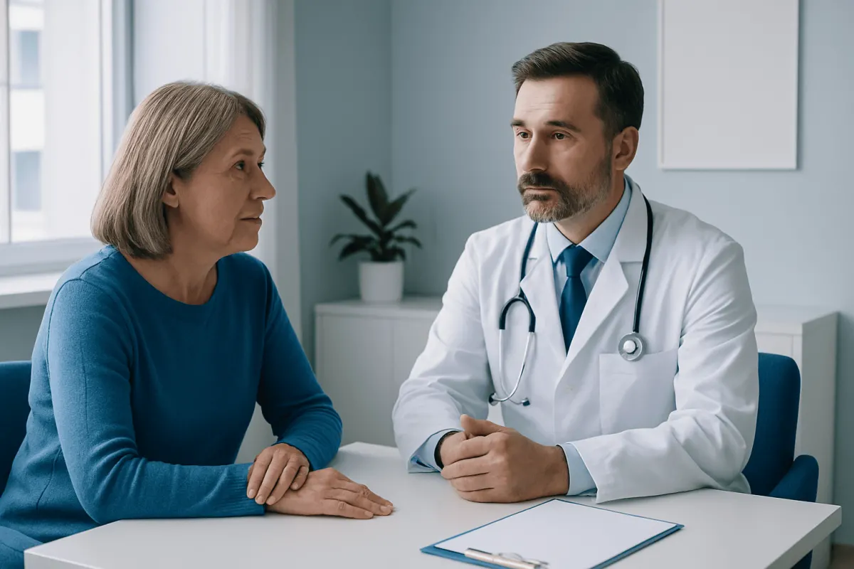 Doctor consulting with an elderly female patient in a medical office.