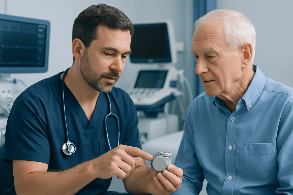 Doctor explaining pacemaker details to elderly patient in hospital.