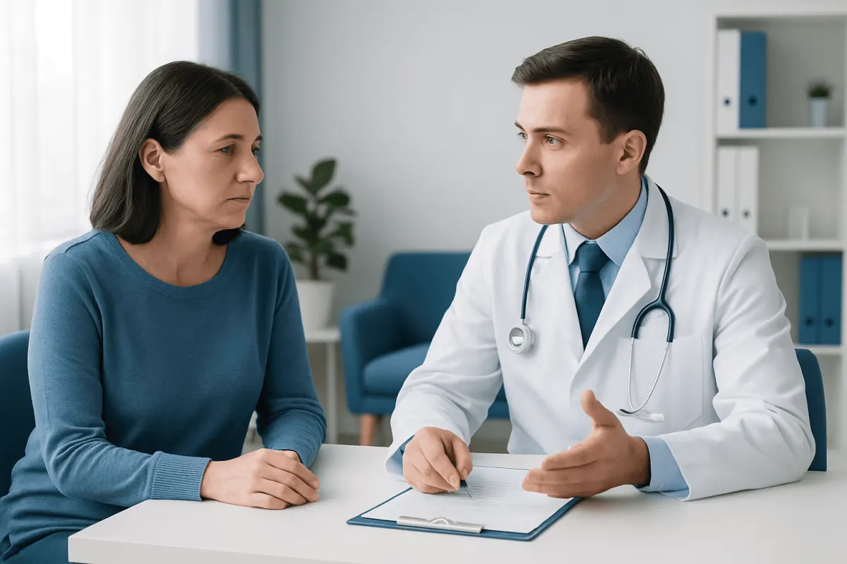 Doctor consulting with a female patient in a modern medical office.