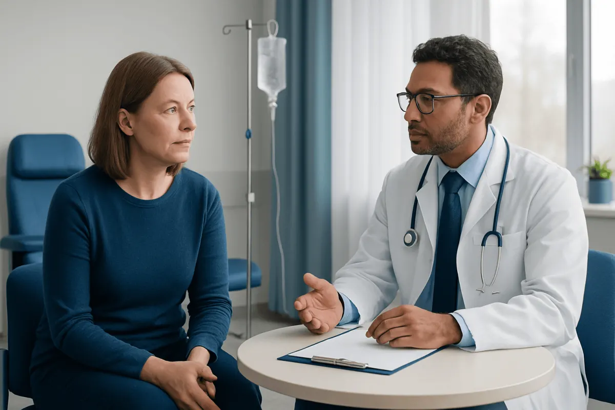 Doctor consulting a patient in a hospital room with IV drip.