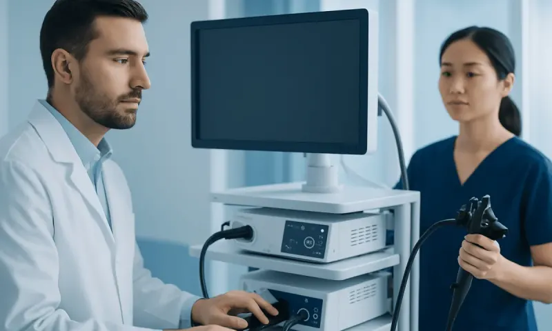 Doctor performing a medical examination with an endoscopy device in a hospital.