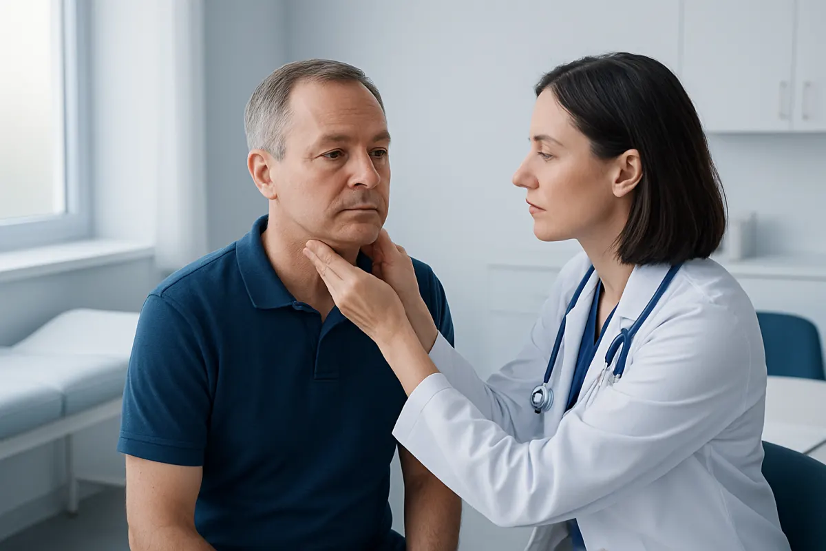Doctor examining a male patient with a neck concern in a clinical setting.
