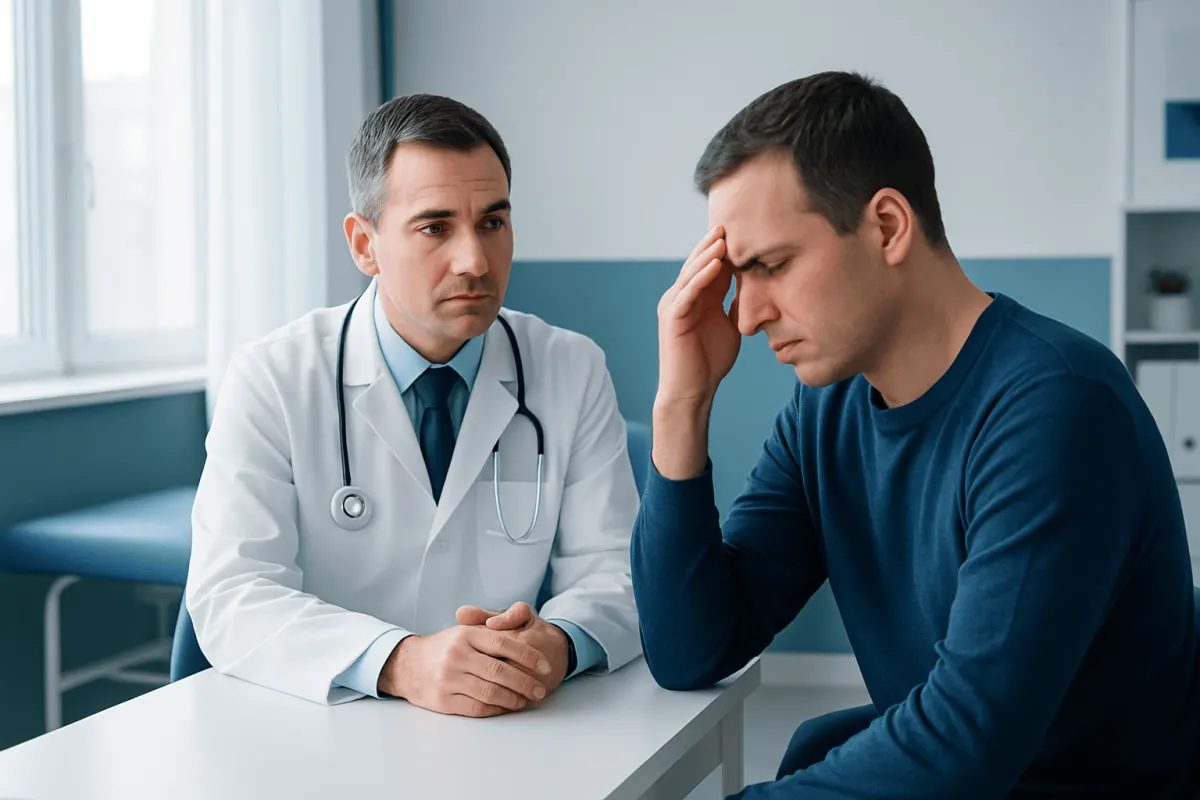 Doctor consulting with patient experiencing headache symptoms in clinic.