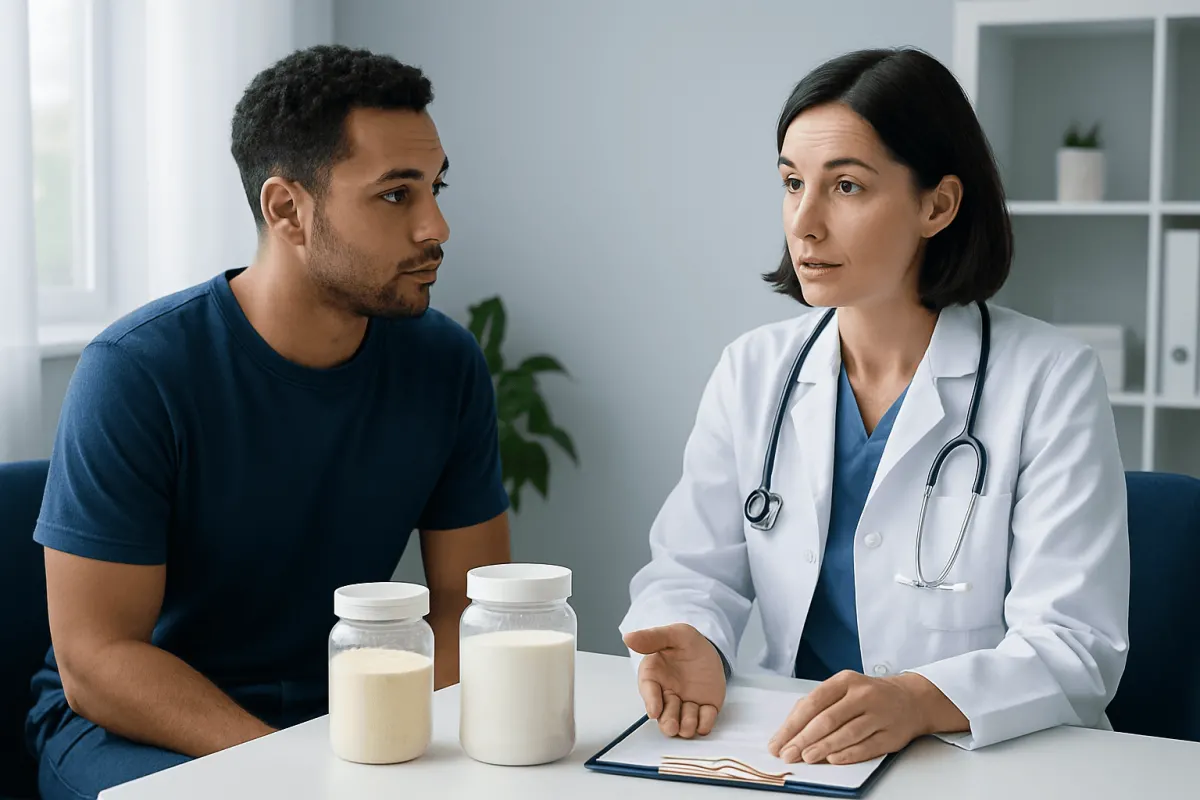 Doctor consulting with patient about protein supplements in clinic.