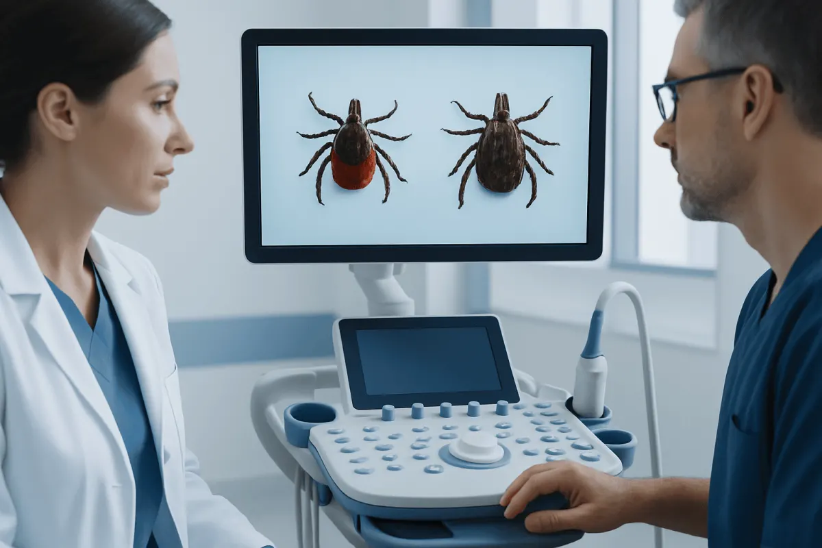 Medical professionals examine images of deer and dog ticks on a monitor.