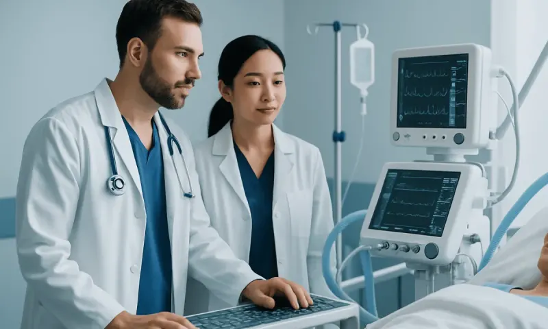 Doctors monitoring patient with medical equipment in hospital.