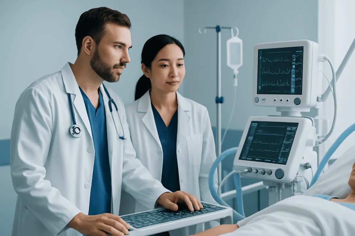 Doctors monitoring patient with medical equipment in hospital.