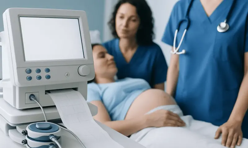 Fetal monitoring during pregnancy with medical staff and ultrasound equipment.