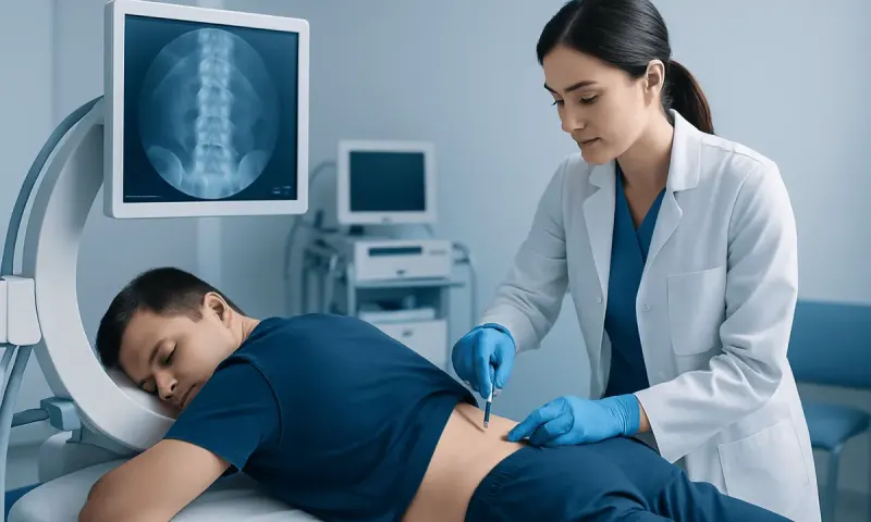 Doctor administering back injection to patient in a medical clinic.