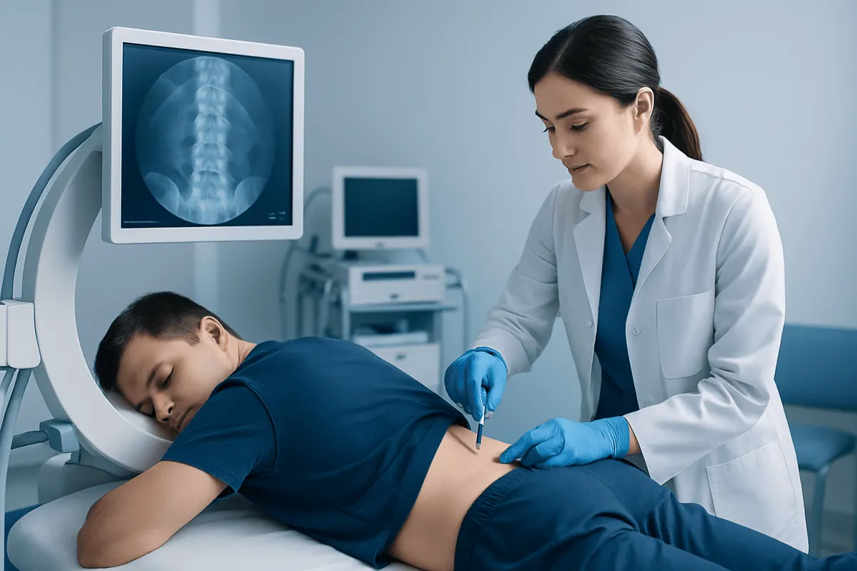 Doctor administering back injection to patient in a medical clinic.