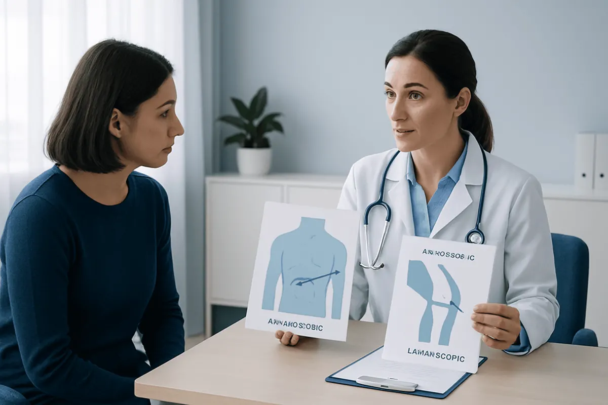 Doctor explaining arthroscopic and laparoscopic knee surgery differences to patient.