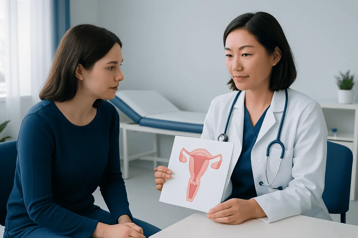 Gynecologist explains uterine health to patient with anatomical diagram.