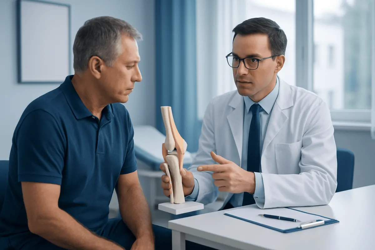 Orthopedic doctor explaining knee joint to patient in clinic.
