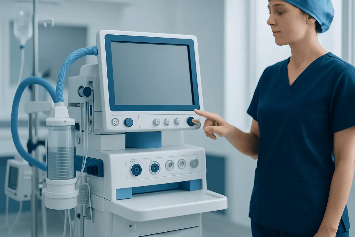 Medical professional operating advanced hospital monitoring equipment.
